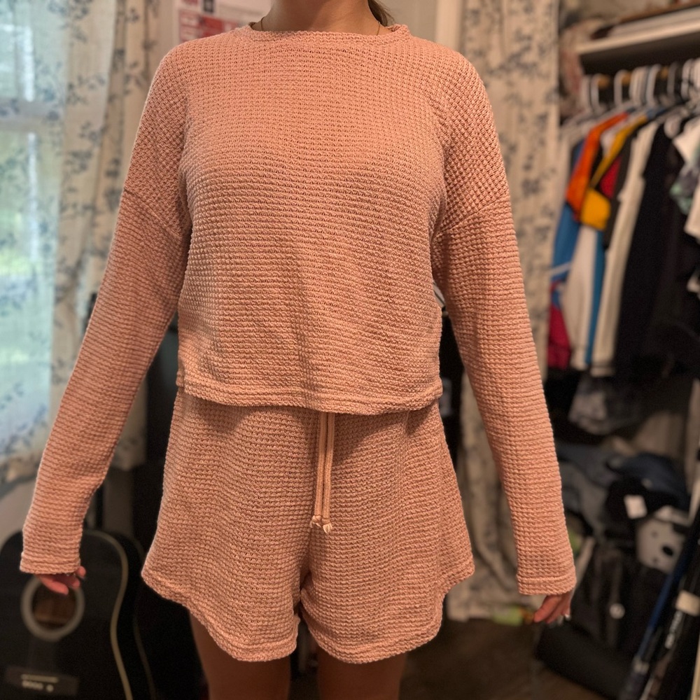 Pink Waffle Knit Lounge Set